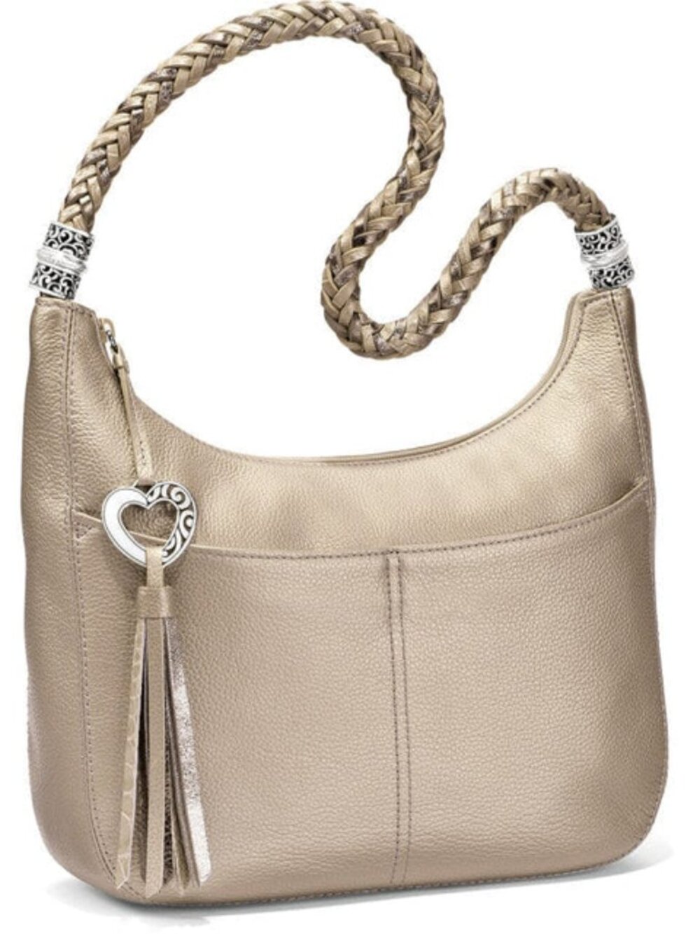 BRIGHTON Barbados Ziptop Leather Hobo Bag Zinc Pearl Braided Strap 12x9x4